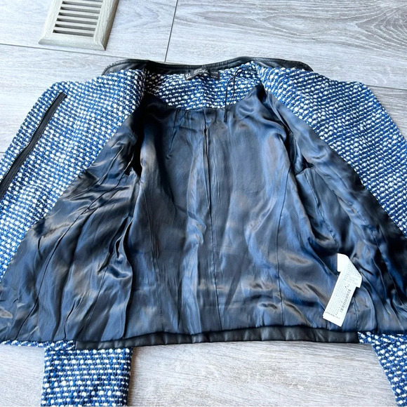 Zara Trafaluc Blue Black Tweed Faux Leather Moto Jacket - Picture 10 of 16